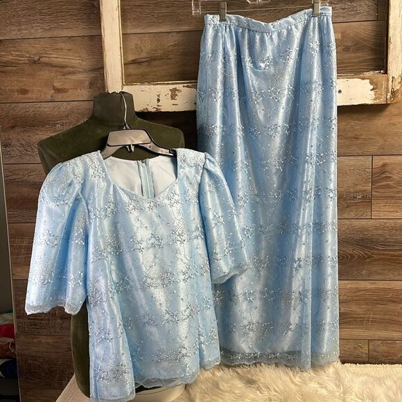 Creative Touch Evening Wear Maxi Skirt Set, Powder Blue , Floral Lace, Size S - Picture 2 of 14